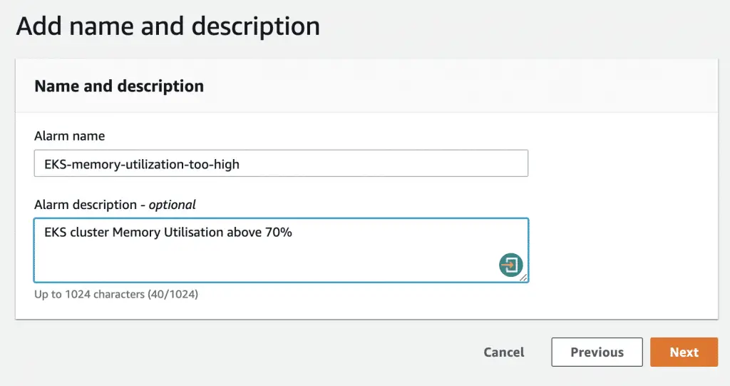 Amazon EKS Autoscaling Based on Cluster Metrics 6 Create Alarm Name and Description