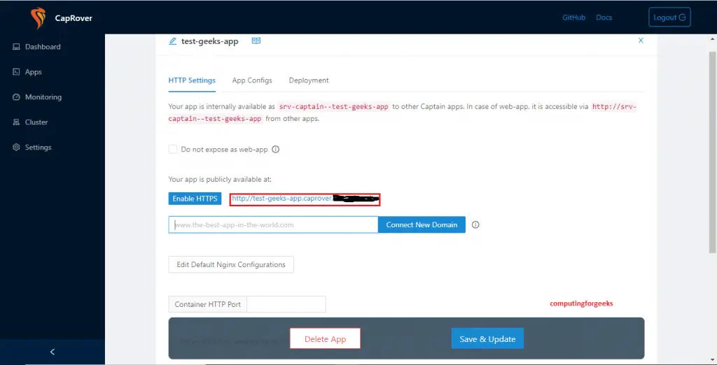 How To Setup your Heroku PaaS using CapRover 10 caprover create one click app apache access url 9