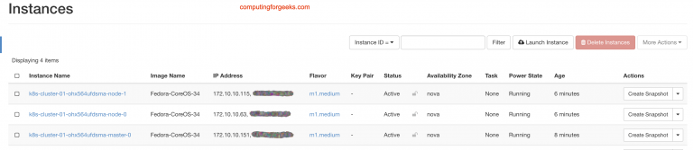 Create Kubernetes Cluster OpenStack Magnum Running Instances
