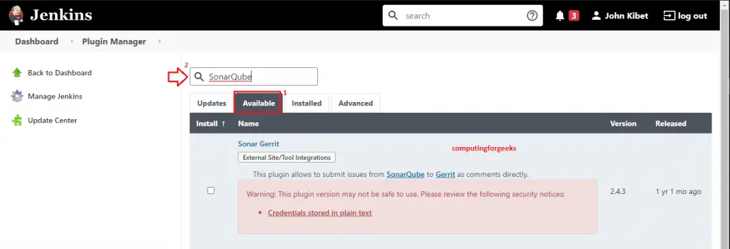 How To Integrate SonarQube with Jenkins 3 manage plugins search for sonarqube