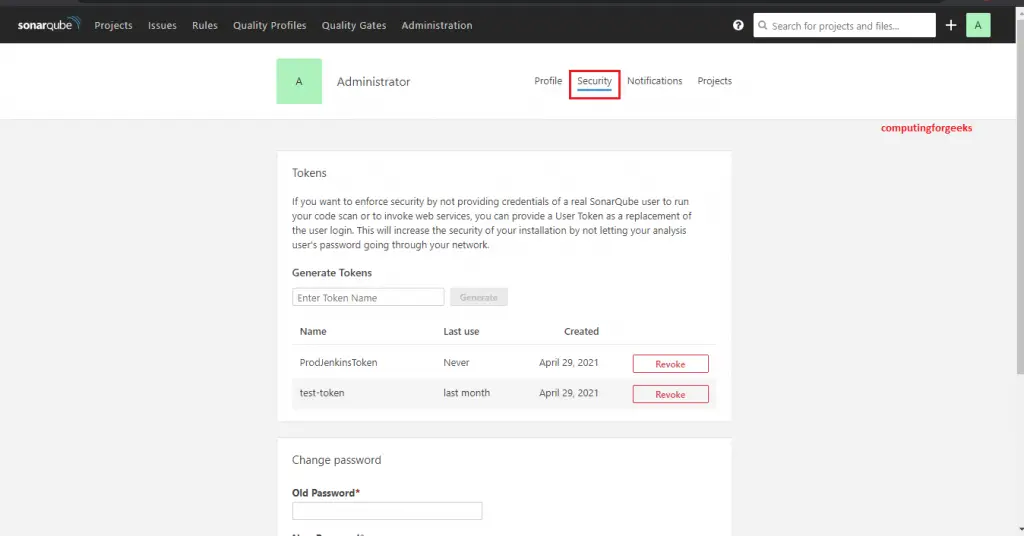 How To Integrate SonarQube with Jenkins 6 sonarqube my account security tab