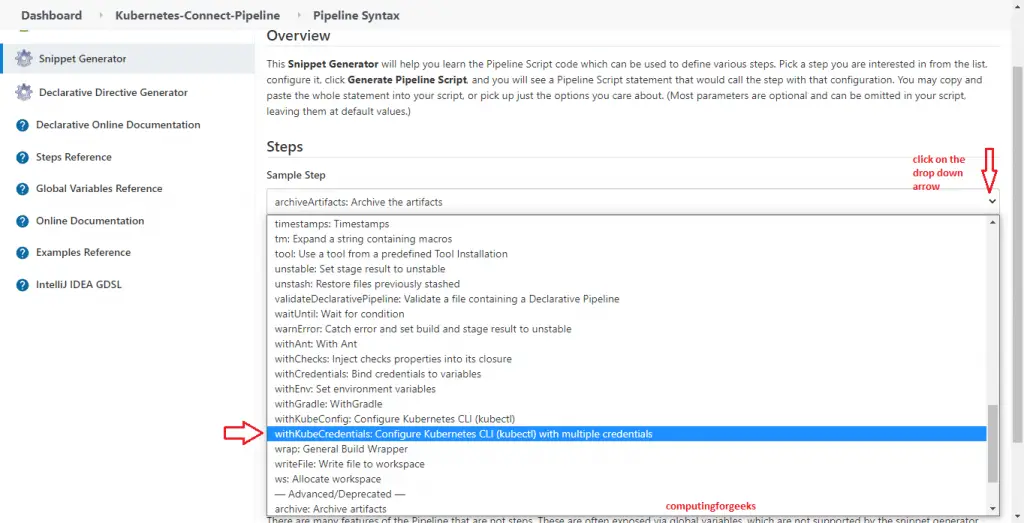 How To Add Multiple Kubernetes Clusters to Jenkins 15 kubernetes jenkins click and choose withKubeCredentials in pipeline syntax page step4