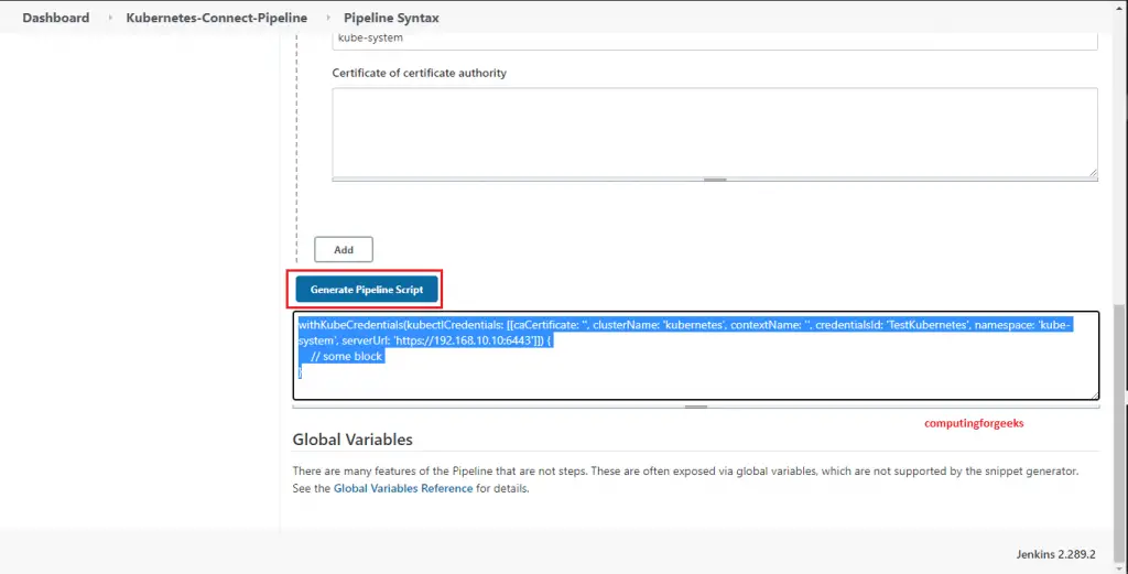 How To Add Multiple Kubernetes Clusters to Jenkins 17 kubernetes jenkins click on generate pipeline script step4 1