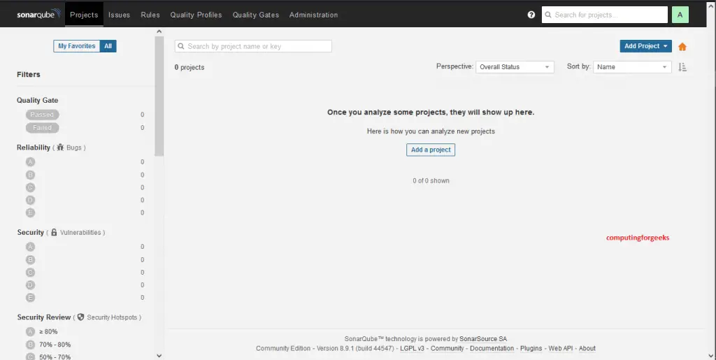 Install SonarQube Code Review Tool in Rocky Linux 8 3 sonarqube login into main dashboard 3