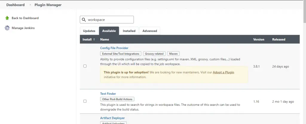 workspace jenkins check worspace plugin in available tab step1