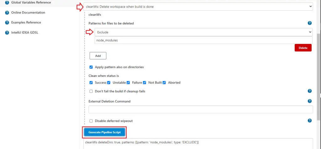 workspace jenkins cleanWS with settings inputed step2
