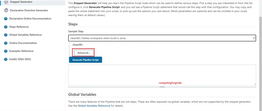workspace jenkins select cleanWS click on advanced step2