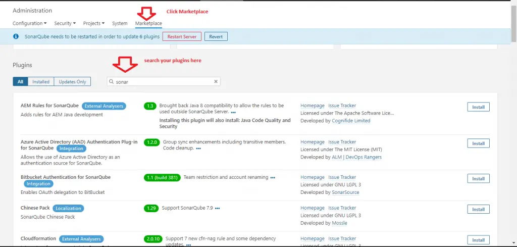 Scan PHP|JavaScript|C#|HTML using Sonar Scanner and Jenkins 5 sonarqube click marketplace then search for plugin