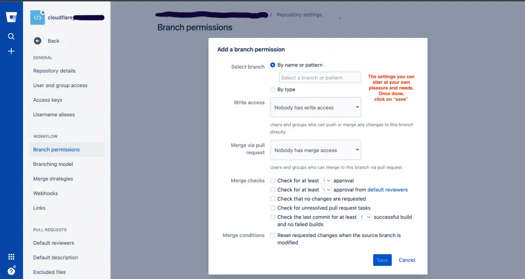 How to add Branch Permissions to a repository in Bitbucket 3 Repository Add Branch Permission