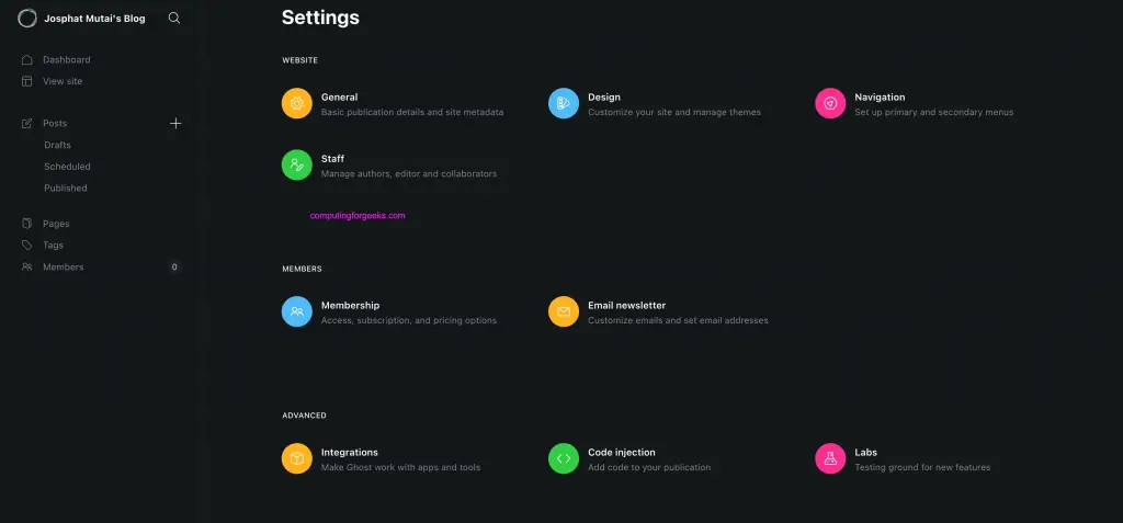 Install Ghost CMS on Ubuntu 22.04|20.04|18.04 3 ghost cms settings