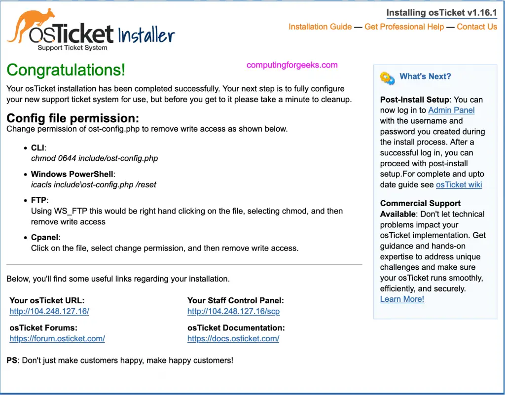 Install osTicket on CentOS 8|RHEL 8|Oracle Linux 8 3 install osticket congratulations