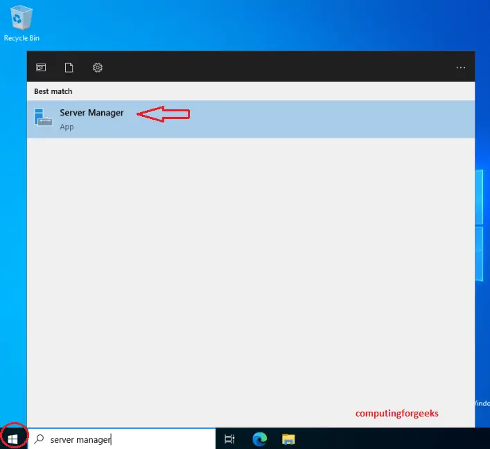 Install Active Directory Domain Services in Windows Server 2022 1 1 Start Search Server Manager
