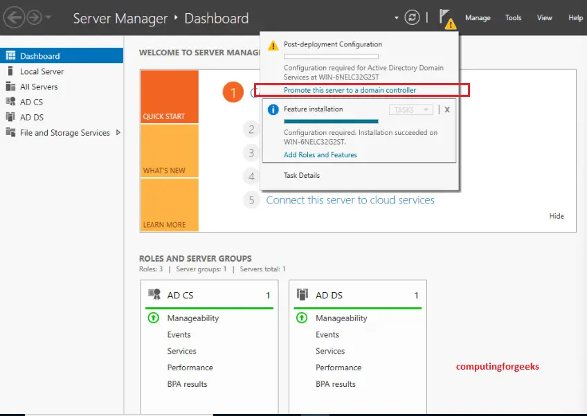 Install Active Directory Domain Services in Windows Server 2022 13 10 post installation configuration