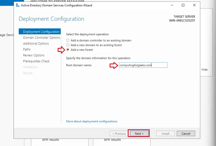 Install Active Directory Domain Services in Windows Server 2022 14 11 Add a new forest deployment configuration
