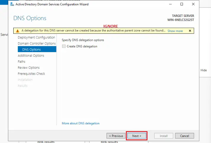 Install Active Directory Domain Services in Windows Server 2022 16 13 DNS Options