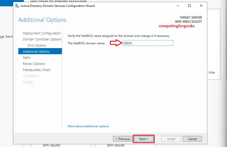 Install Active Directory Domain Services in Windows Server 2022 17 14 Netbios domain name
