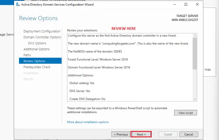 Install Active Directory Domain Services in Windows Server 2022 19 16 Review Options