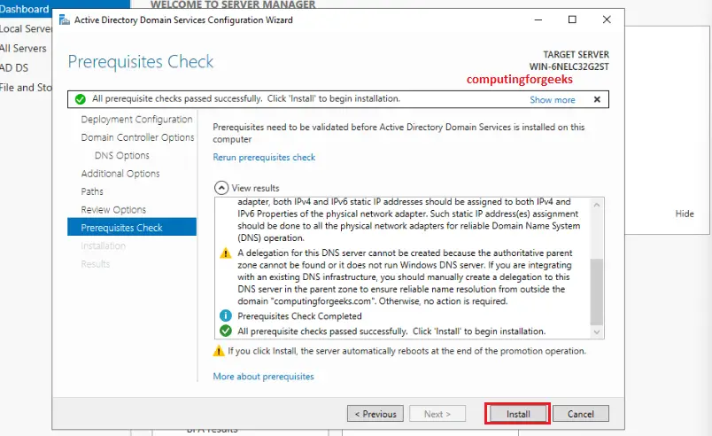 Install Active Directory Domain Services in Windows Server 2022 20 17 Prerequisite Check passed