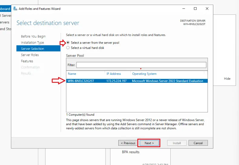 Install Active Directory Domain Services in Windows Server 2022 5 4 server selection