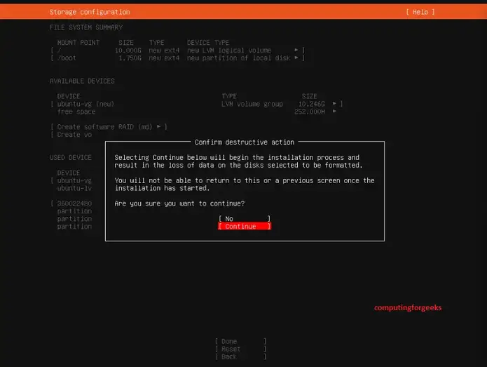 Install Ubuntu Server 22.04 (Jammy Jellyfish) Step by Step 10 5 storage configuration confirm destroy ubuntu server 22.04