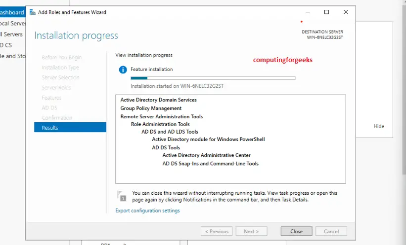 Install Active Directory Domain Services in Windows Server 2022 11 9 installation progress