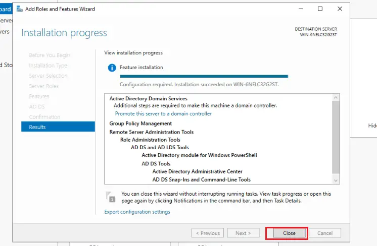 Install Active Directory Domain Services in Windows Server 2022 12 9 installation success click close