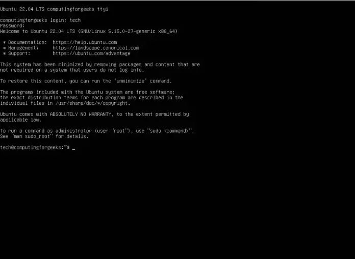 Install Ubuntu Server 22.04 (Jammy Jellyfish) Step by Step 16 9 logged into ubuntu server 22.04