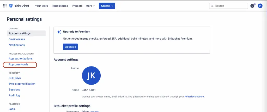 Automate Bitbucket Tasks via Terraform 2 bitbucket app passwords menu