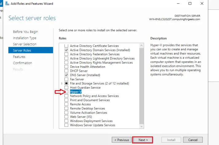 5 hyper v select hyper v server role