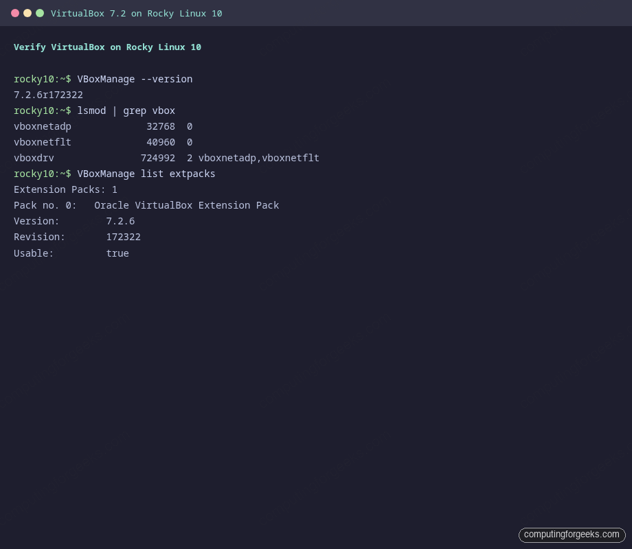 VBoxManage version, vbox kernel modules, and Extension Pack registration on Rocky Linux 10