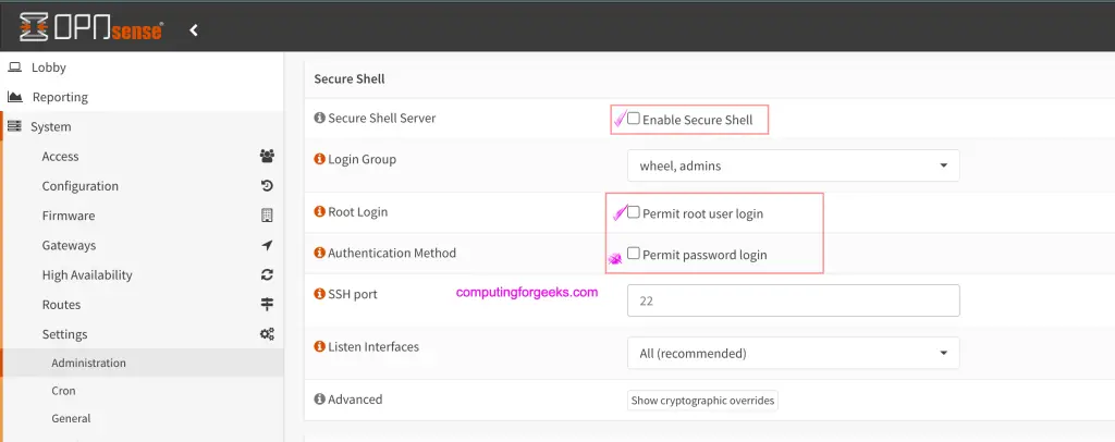 How To Enable and Start SSH Server on OPNsense 2 Enable SSH Server OPNsense 01