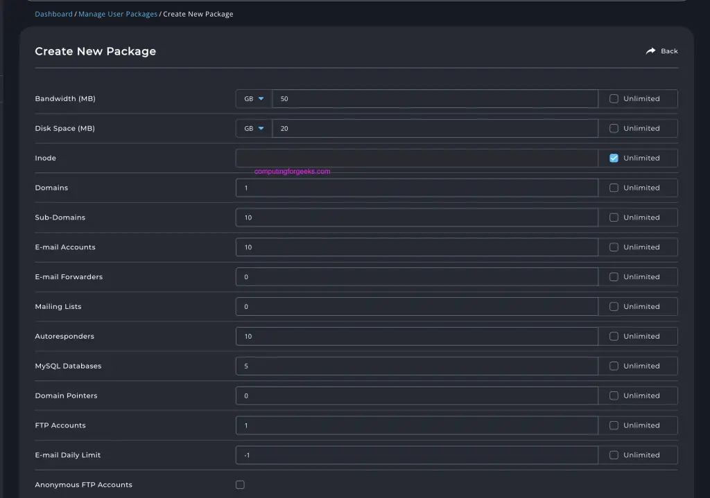Install and Configure DirectAdmin Extended For WHMCS 19 Directadmin create package 03