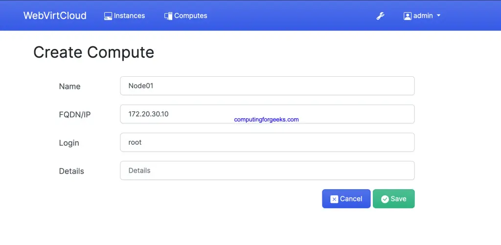 Install WebvirtCloud on Rocky Linux / AlmaLinux 9|8 7 add compute node webvirtcloud 01
