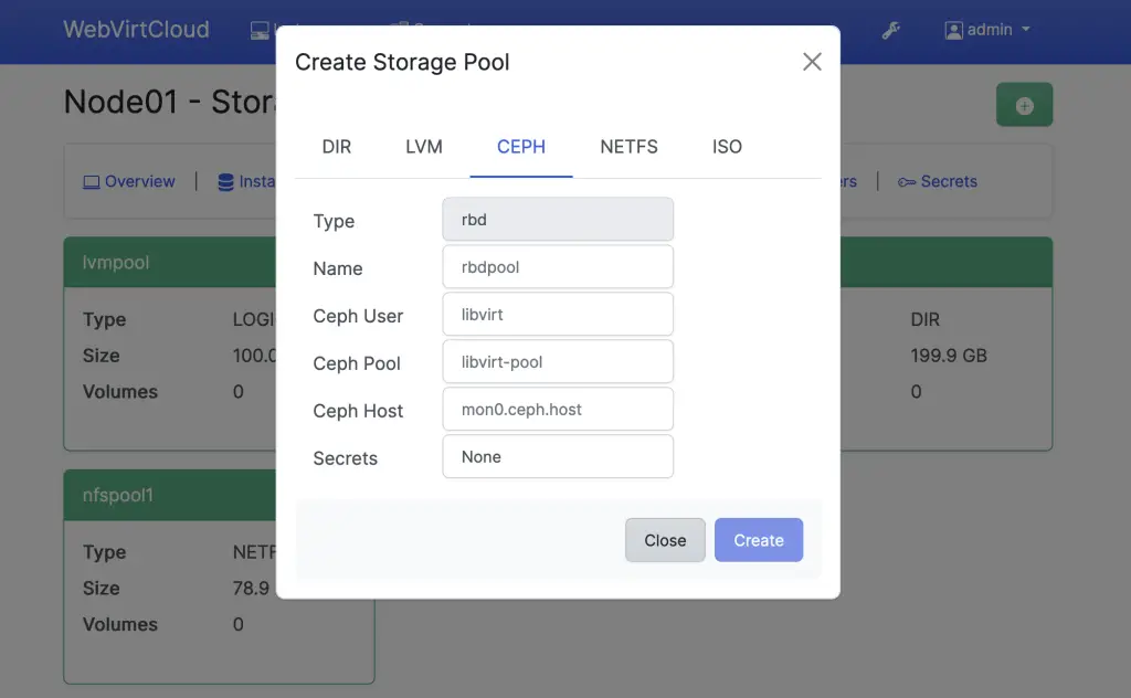 webvirtcloud add ceph storage pool 01