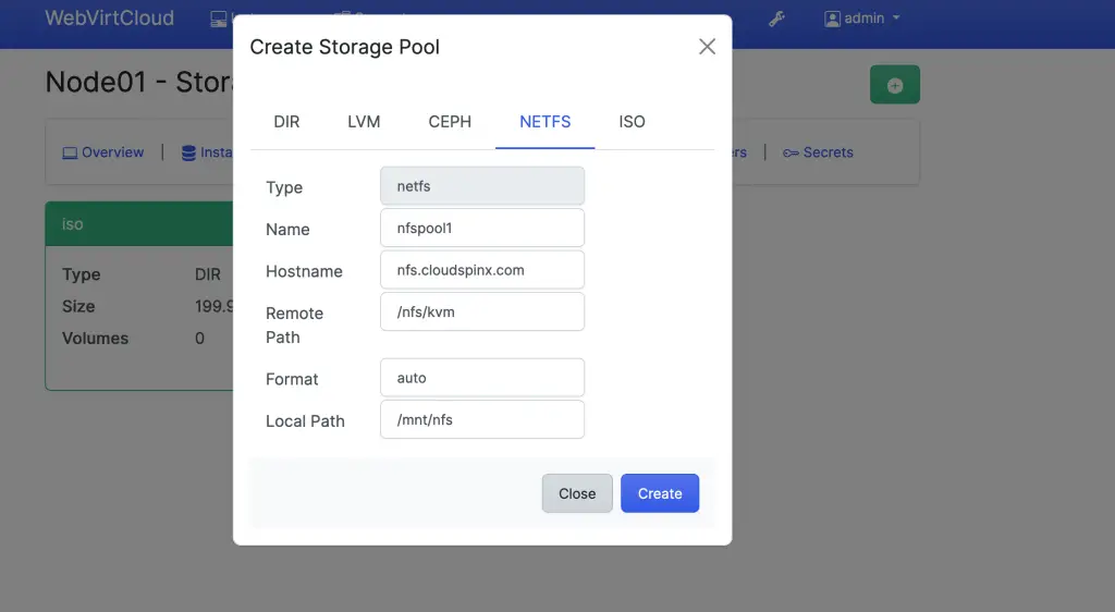 webvirtcloud add nfs storage pool 01