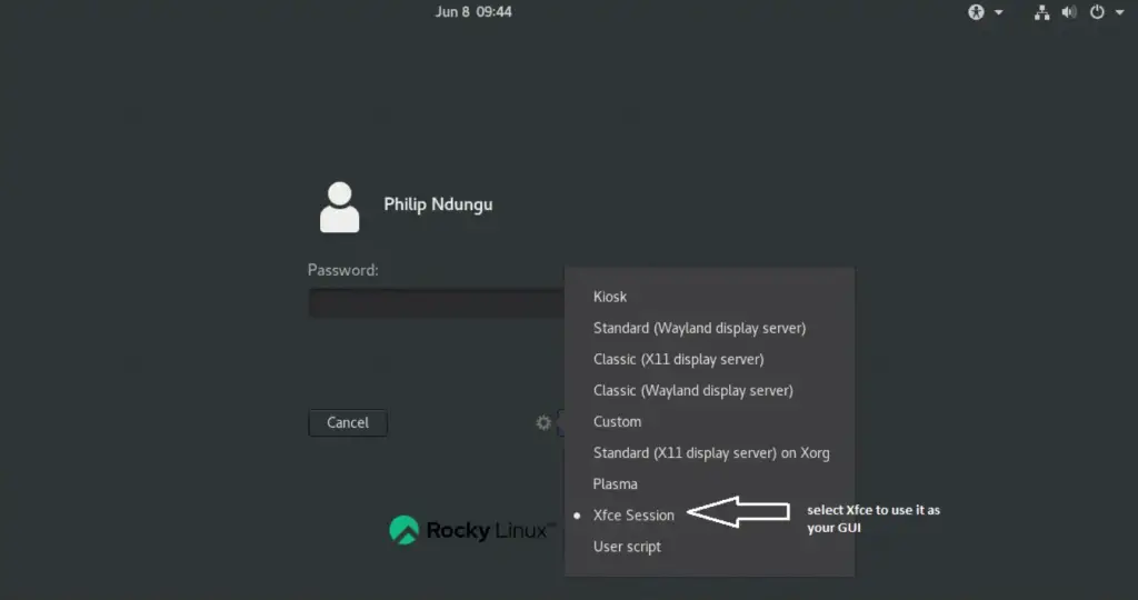 xfce login rocky