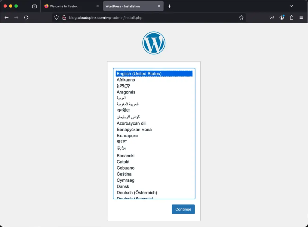 WordPress language selection screen during installation on Rocky Linux 10