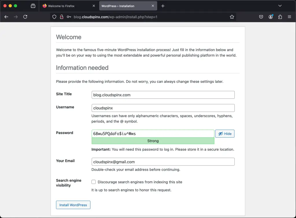 WordPress site information form with title, username, and password fields