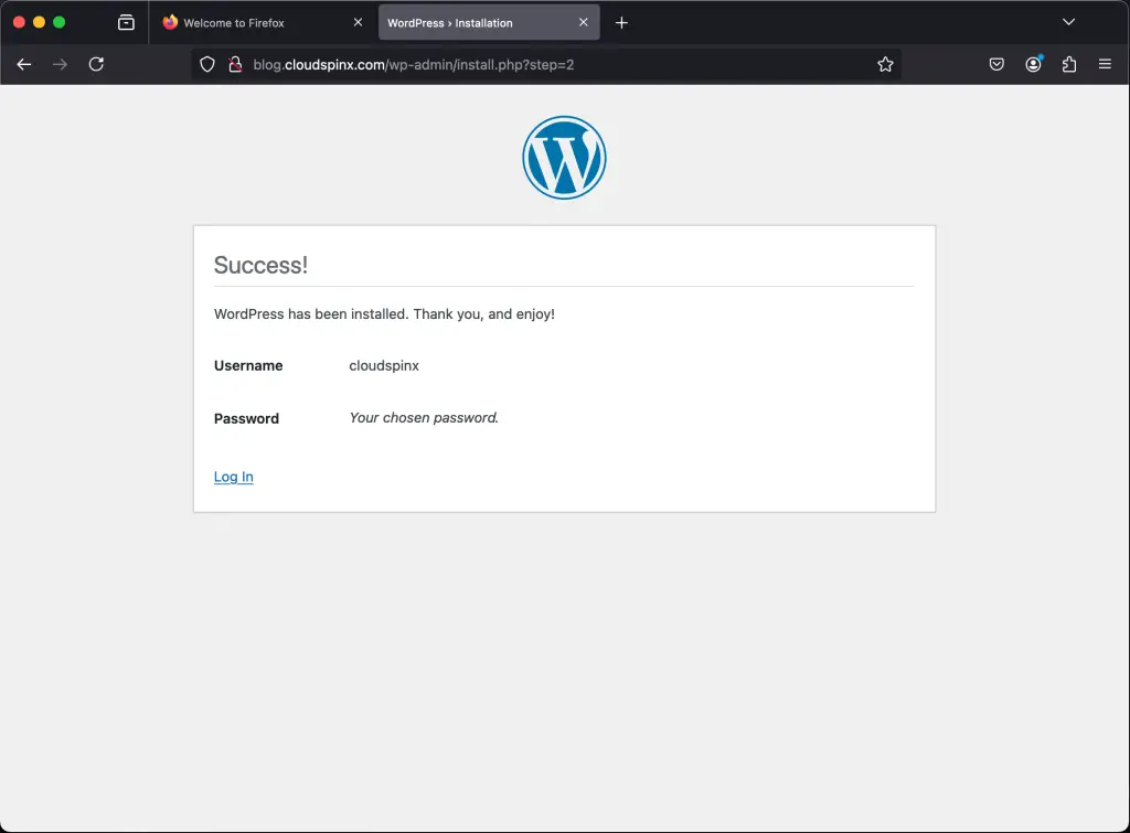WordPress installation success confirmation screen