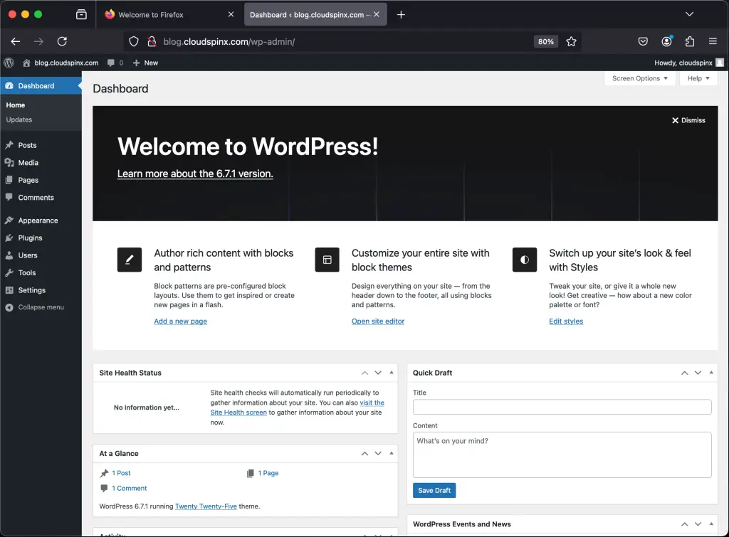 WordPress admin dashboard after successful installation