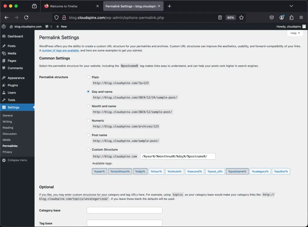 WordPress permalink settings showing Post name structure selected
