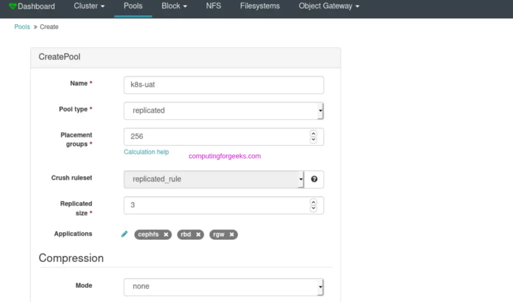 create pool ceph from dashboard