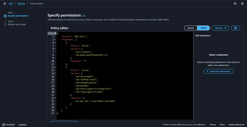 Allow AWS IAM User to Create Access Keys and Upload SSH public keys 02