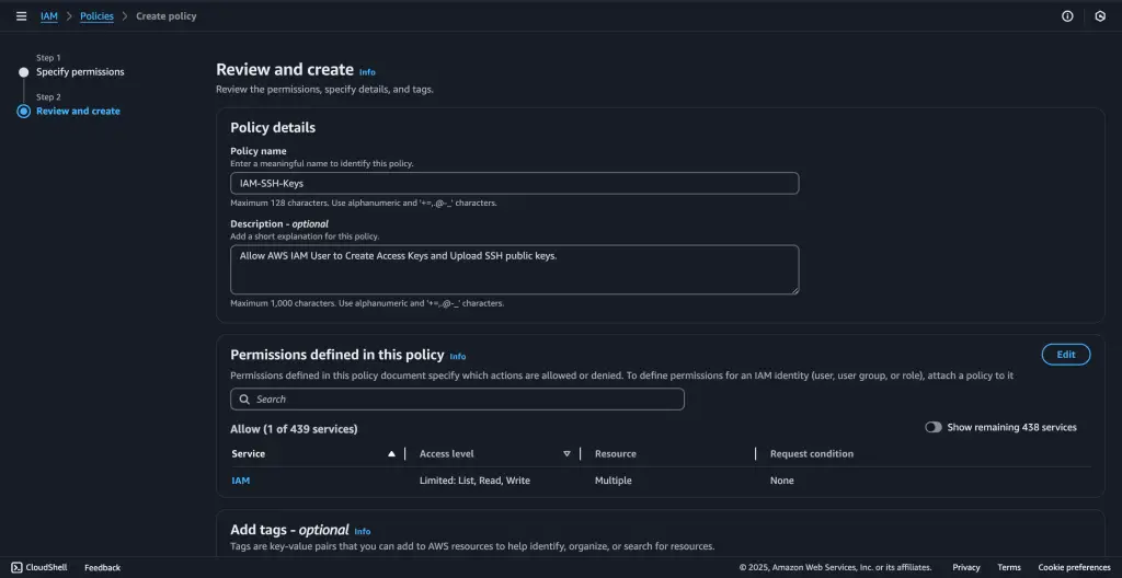 Allow AWS IAM User to Create Access Keys and Upload SSH public keys 03