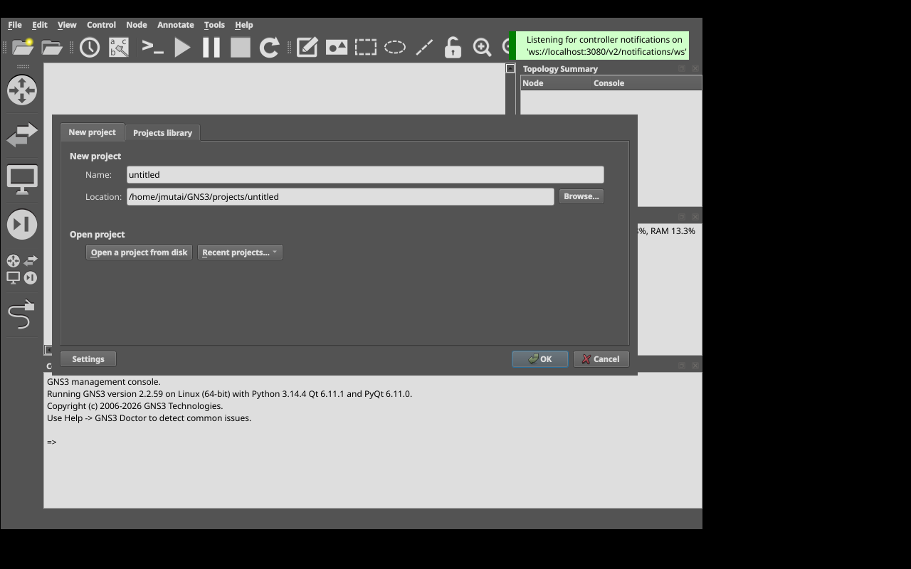 GNS3 Setup Wizard on Fedora 44, server type selection screen