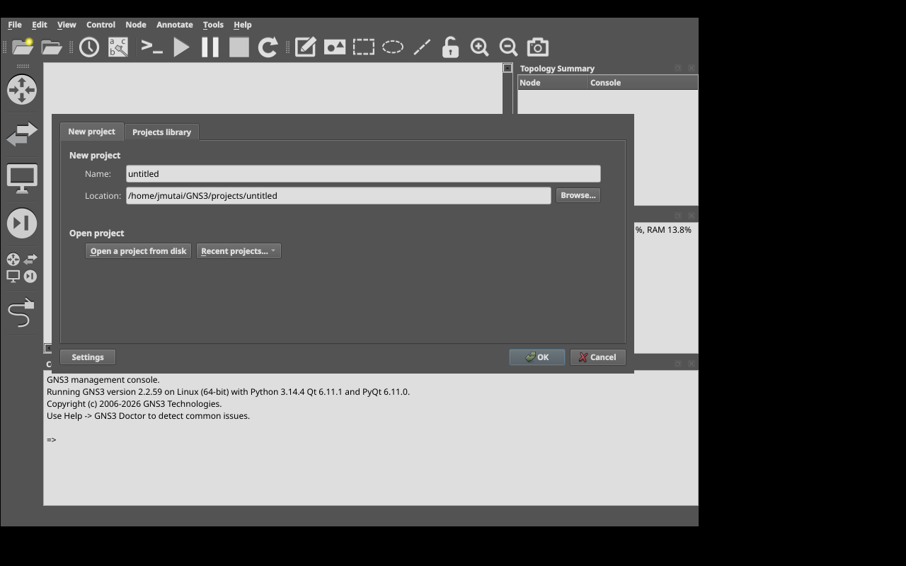 GNS3 Setup Wizard summary screen showing local server, path, host, and port