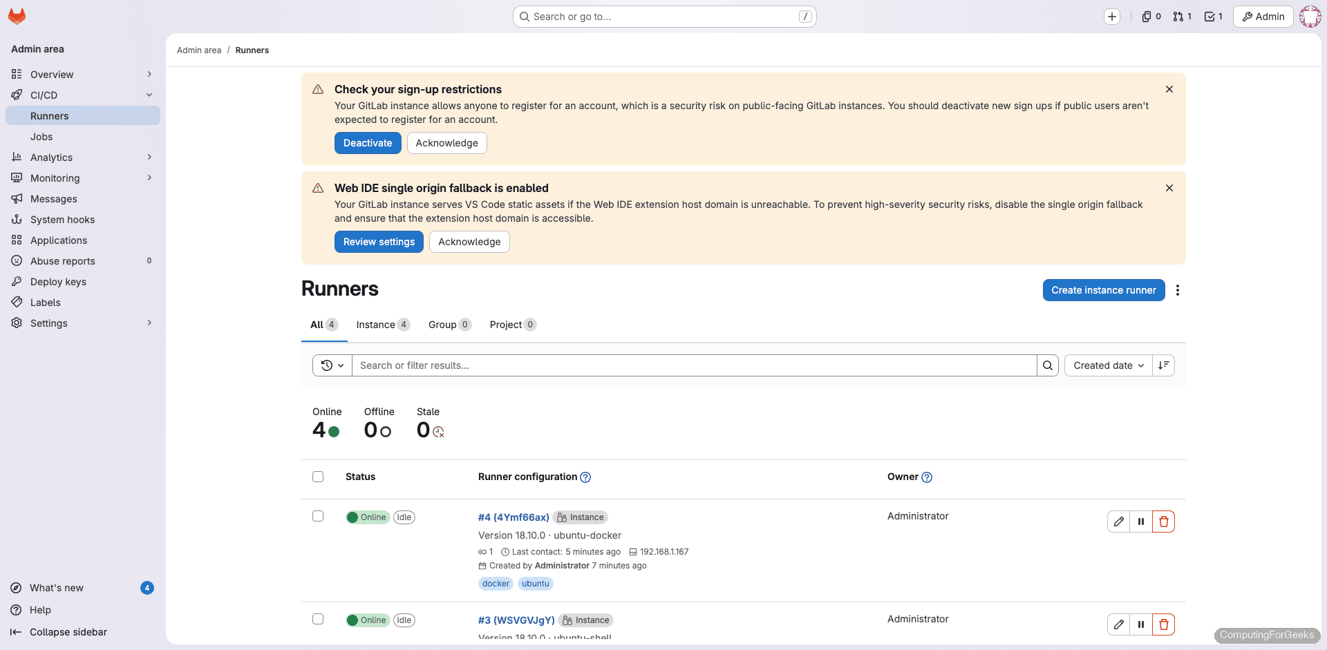 All GitLab Runners online in the Admin Area showing shell and Docker executors on Rocky Linux and Ubuntu