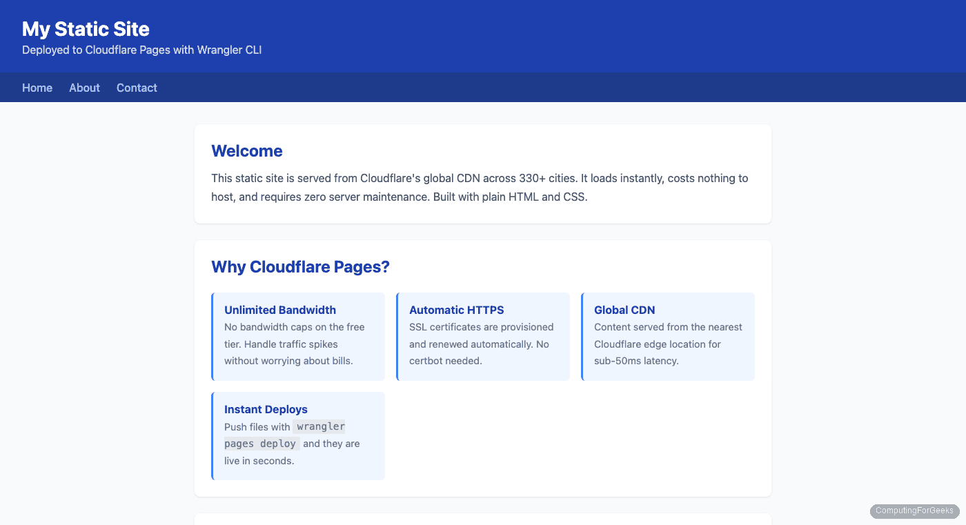 Static HTML site deployed to Cloudflare Pages showing homepage with feature cards