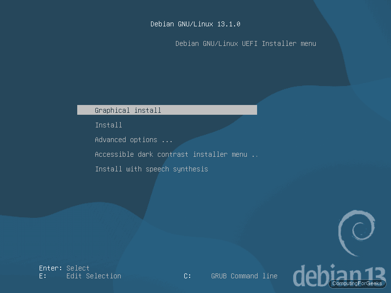 Install Debian 13 (Trixie) Step by Step 1 Debian 13 Trixie installer boot menu showing Graphical Install and Install options