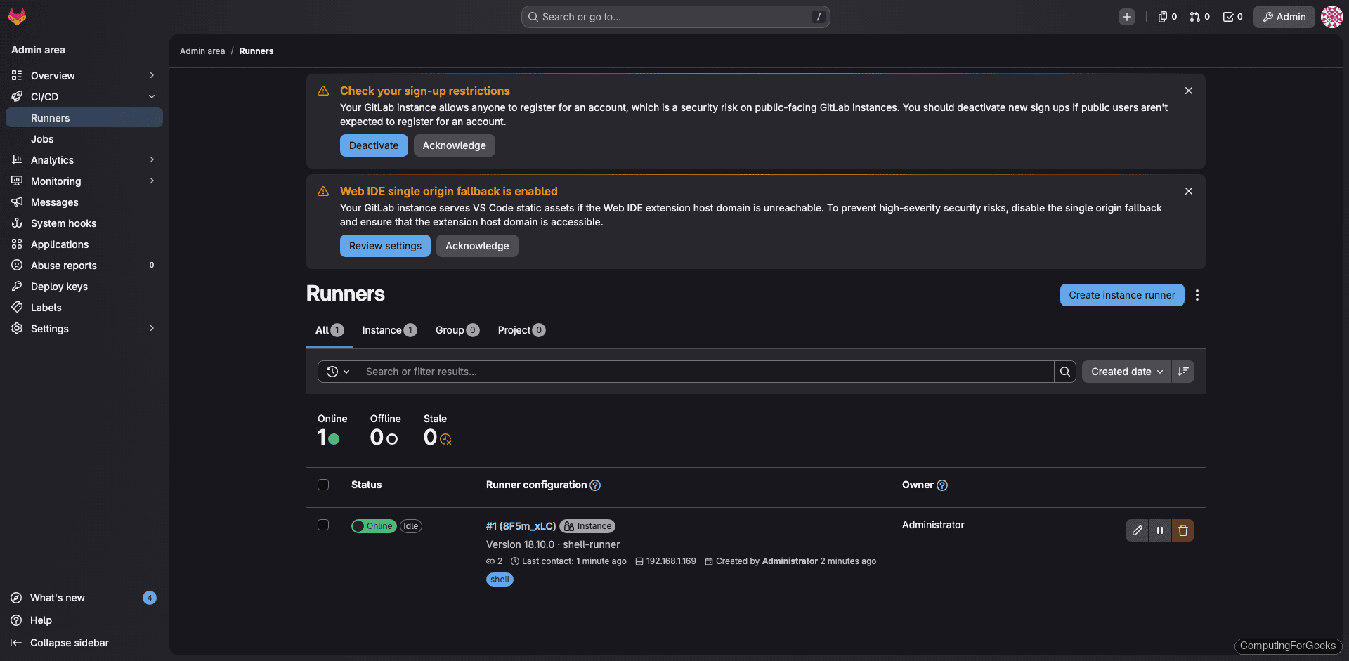 GitLab admin runners page showing shell-runner online on Rocky Linux 10